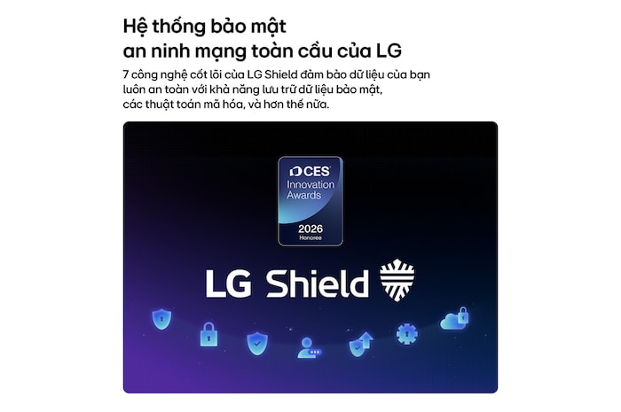 LG Shield, applied to LG QNED evo AI QNED85, is shown with an LG Shield logo at the center, security icons below, and a 2026 CES Innovation Awards Honoree badge above, representing data and system protection.